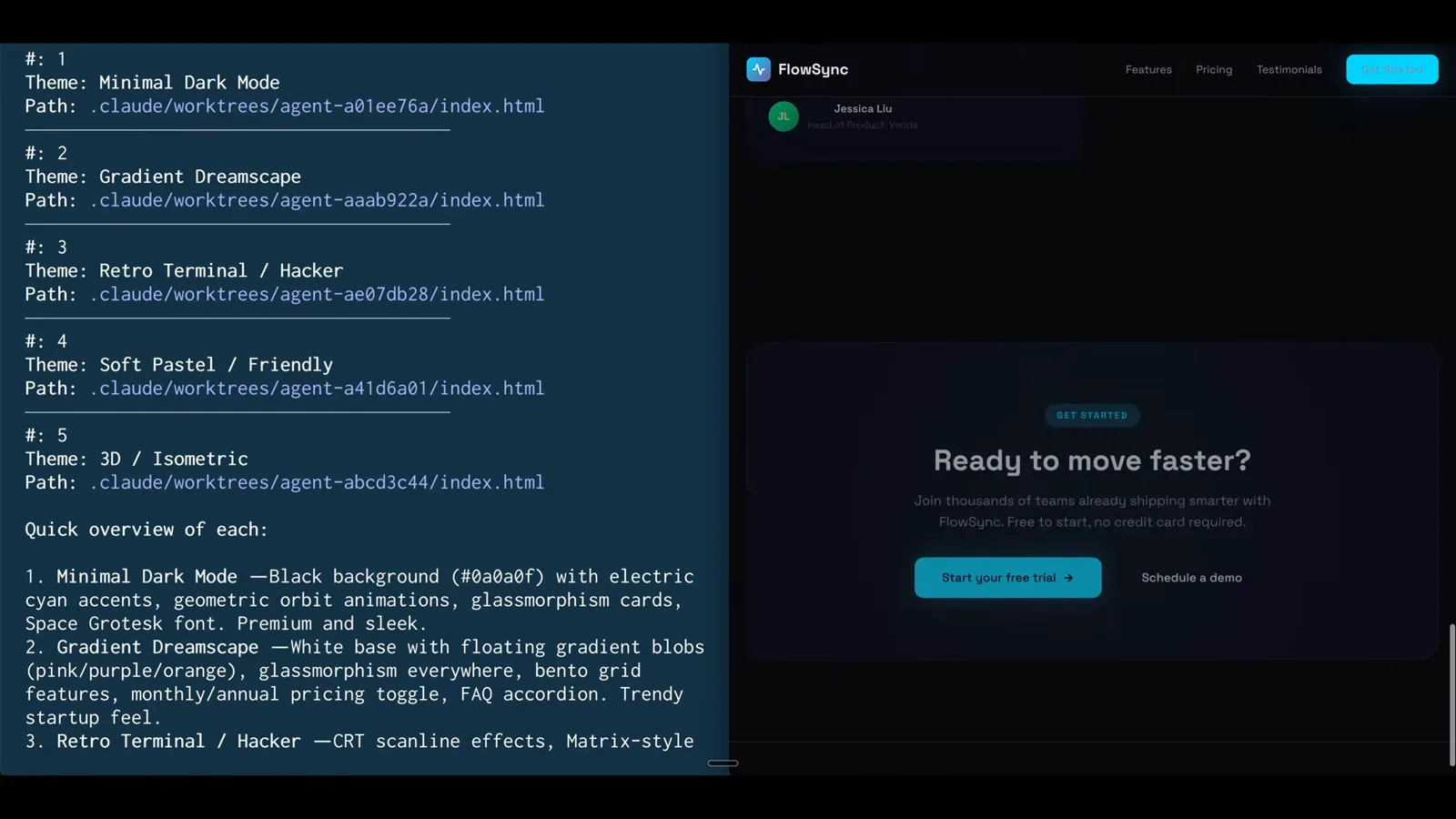 Every variation keeps its path Claude Code quick overview of five landing page themes, Minimal Dark Mode through 3D Isometric, each with its .claude/worktrees/agent-*/index.html path, beside the rendered FlowSync Ready to move faster preview